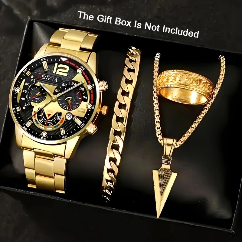 4PCS Men's Watch Set  Jewelry Set Gold Plated Bracelet Necklace Ring Combo Luxury Business Casual Fashion Wristwatch Set For Daily Wear Party Nightclub Dating Birthday Anniversary Gift For Him