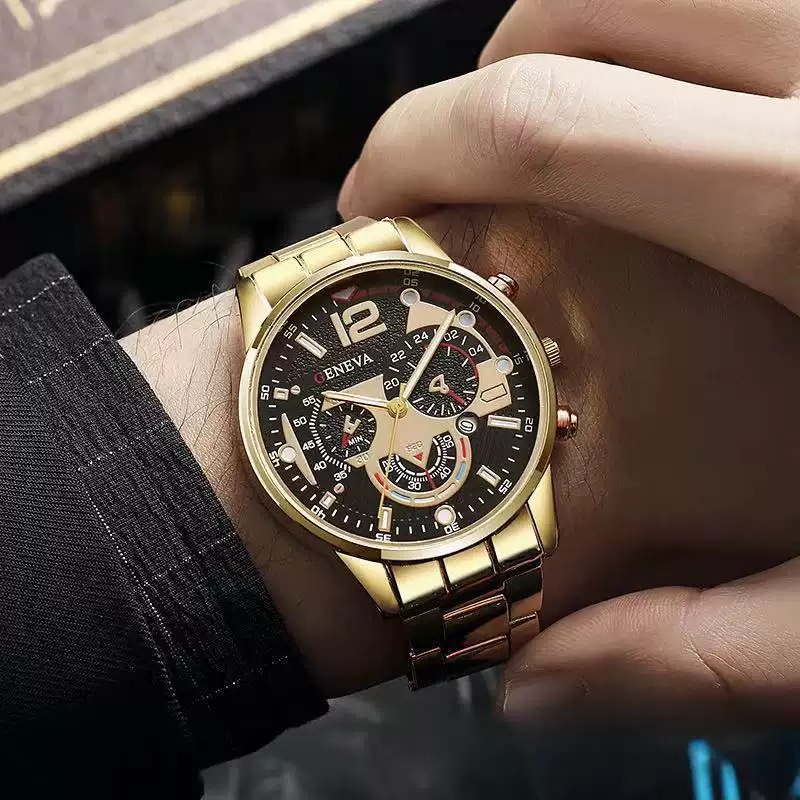 4PCS Men's Watch Set  Jewelry Set Gold Plated Bracelet Necklace Ring Combo Luxury Business Casual Fashion Wristwatch Set For Daily Wear Party Nightclub Dating Birthday Anniversary Gift For Him