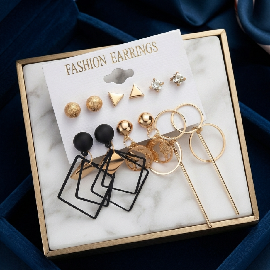 12 PCS Earrings Set Geometric Black Gold Diamond Globe Pendant Long Hoop Fashion Earrings For Daily Wear & Matching