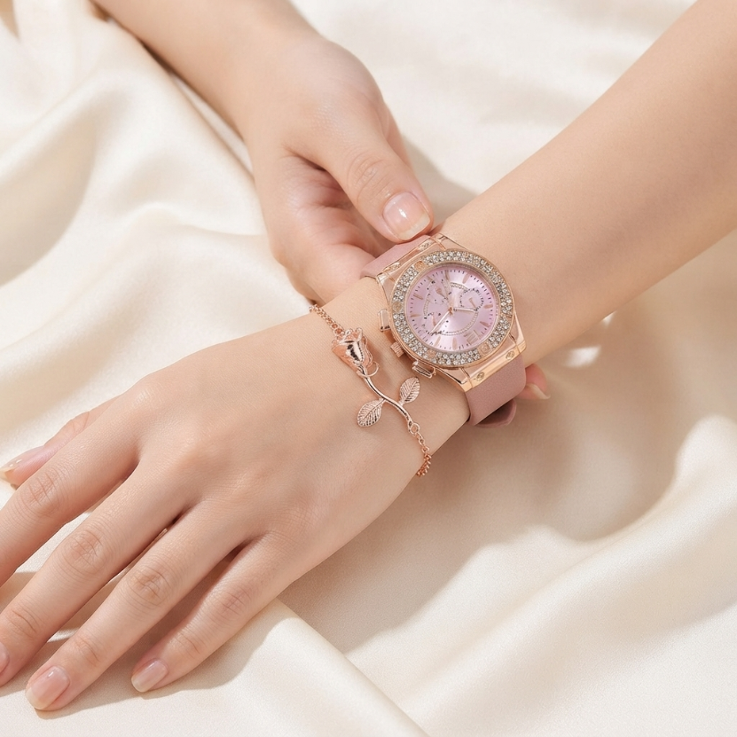 2Pcs Set Watch Bracelet Watch Bohemian Style Fashion Women Rose Gold Pink Diamond Rose Flower Exaggerated Jewelry Set For Shopping And Mtching Everyday Wear Or Gifts