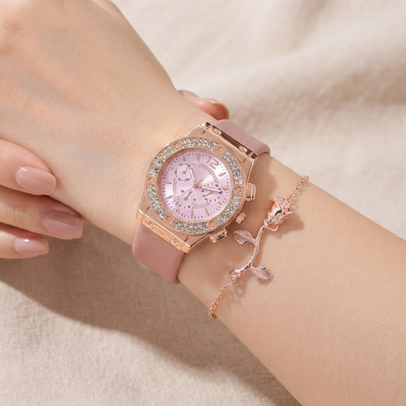 2Pcs Set Watch Bracelet Watch Bohemian Style Fashion Women Rose Gold Pink Diamond Rose Flower Exaggerated Jewelry Set For Shopping And Mtching Everyday Wear Or Gifts