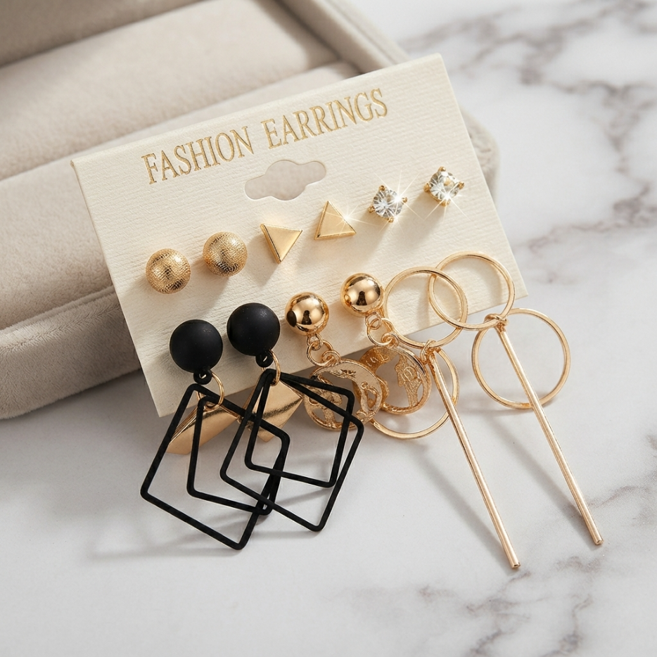 12 PCS Earrings Set Geometric Black Gold Diamond Globe Pendant Long Hoop Fashion Earrings For Daily Wear & Matching