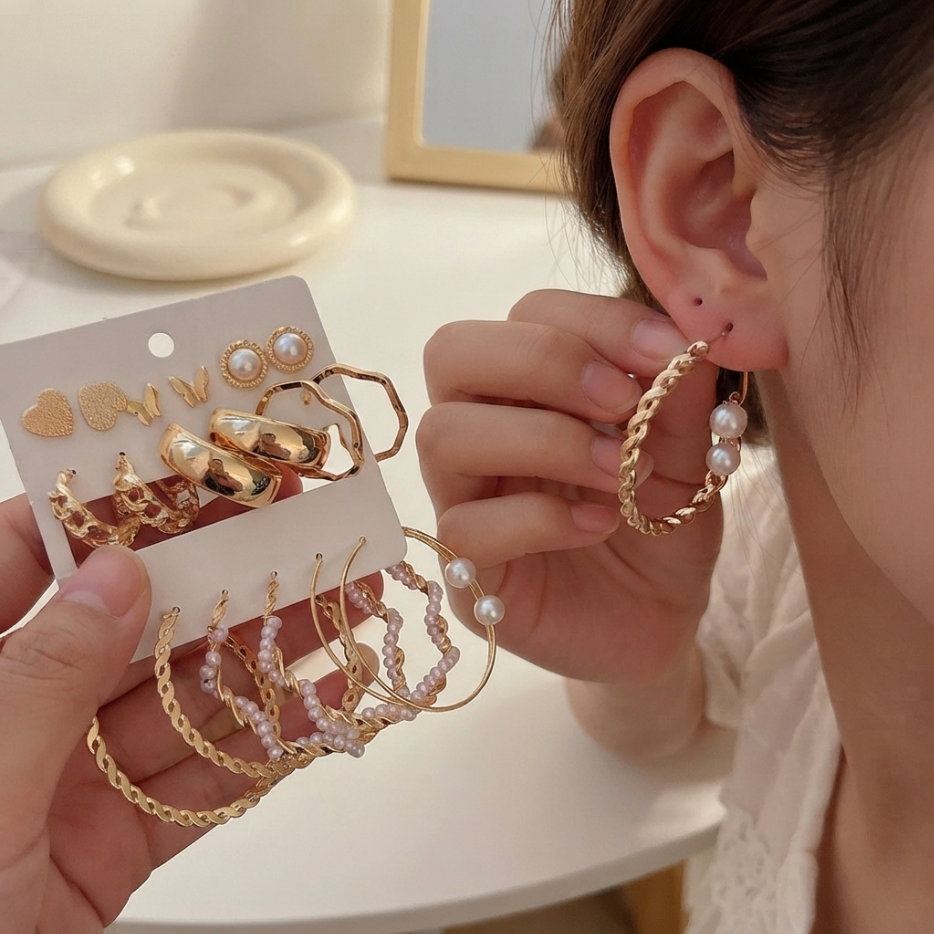 18 PCS Set Earrings Oversized Earrings Hoop Exaggerated  Metal Chain Love Butterfly Wide Circle Pearl Delicate Elegance For Shopping And Mtching Everyday Wear Or Gifts