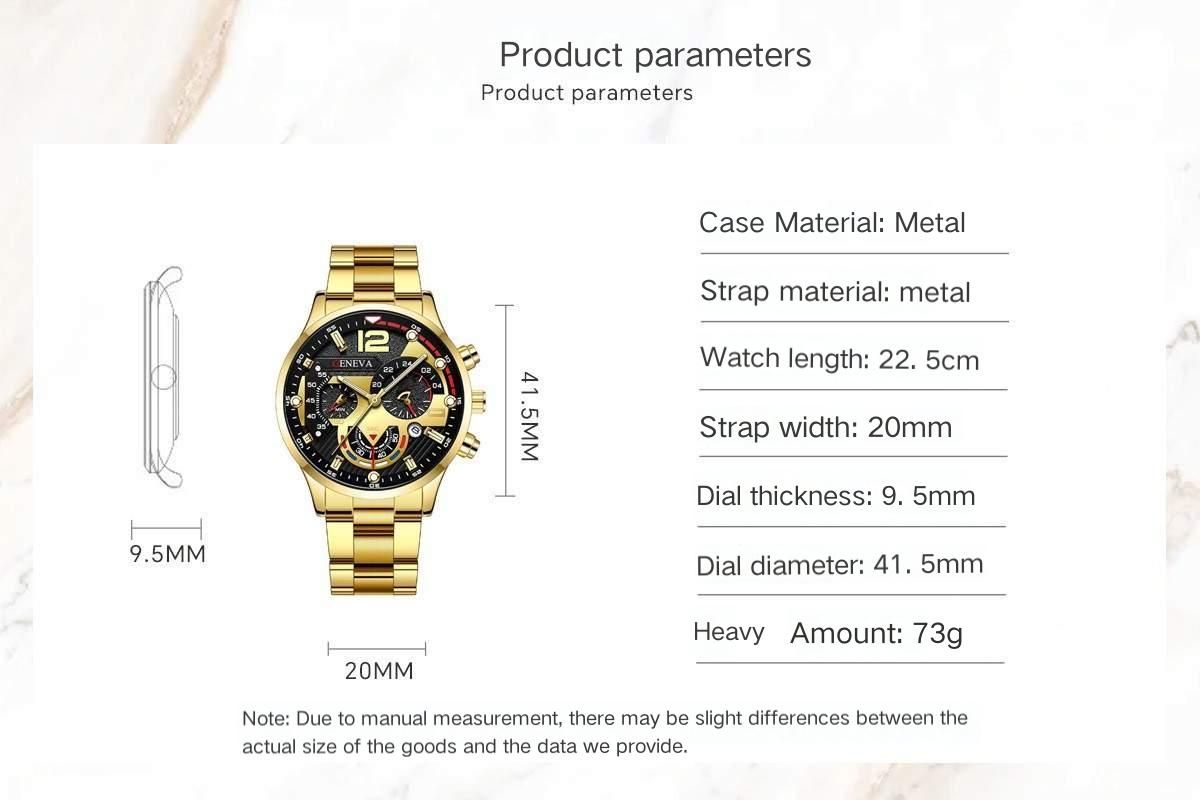 4PCS Men's Watch Set  Jewelry Set Gold Plated Bracelet Necklace Ring Combo Luxury Business Casual Fashion Wristwatch Set For Daily Wear Party Nightclub Dating Birthday Anniversary Gift For Him