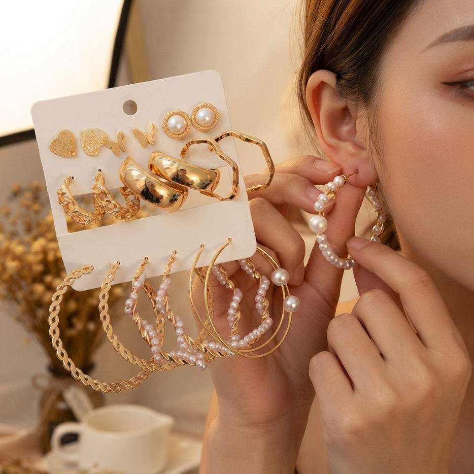 18 PCS Set Earrings Oversized Earrings Hoop Exaggerated  Metal Chain Love Butterfly Wide Circle Pearl Delicate Elegance For Shopping And Mtching Everyday Wear Or Gifts