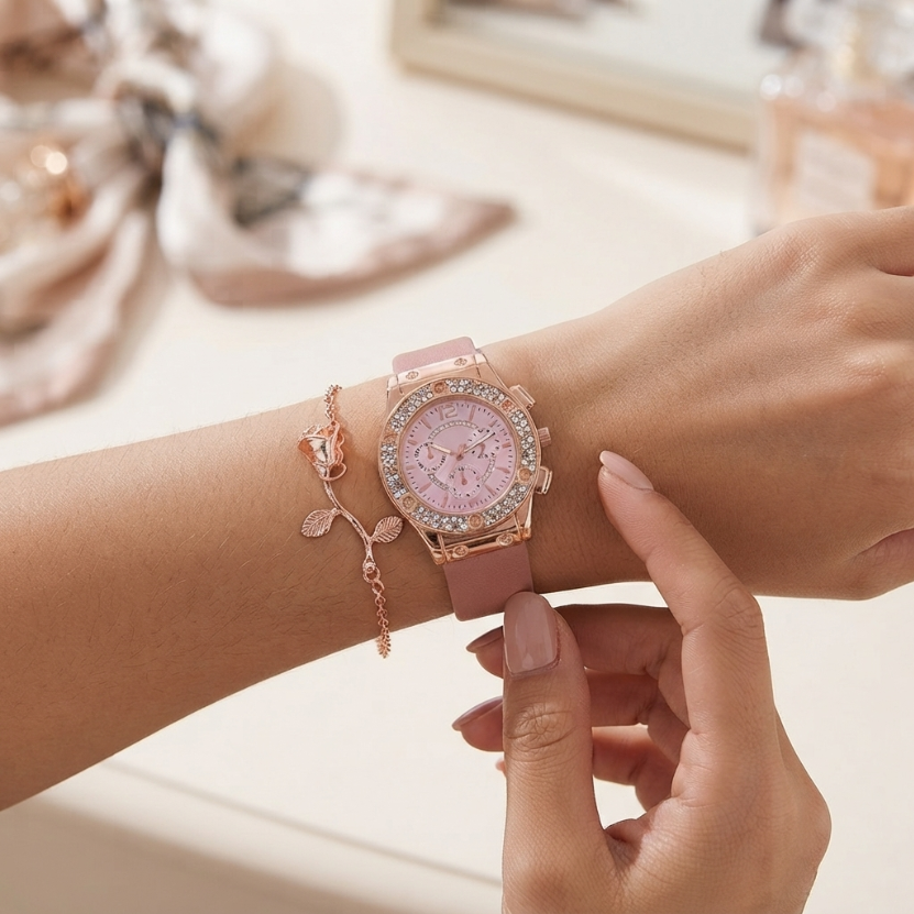 2Pcs Set Watch Bracelet Watch Bohemian Style Fashion Women Rose Gold Pink Diamond Rose Flower Exaggerated Jewelry Set For Shopping And Mtching Everyday Wear Or Gifts