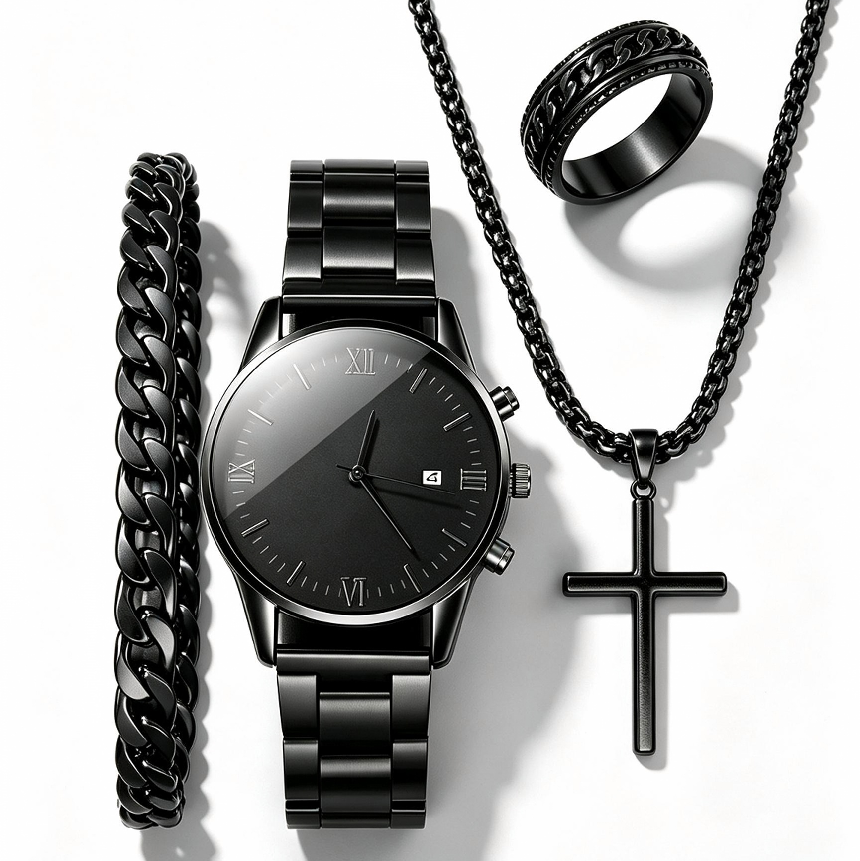 4 In 1 Men's Watch Set And Jewelry Set Black Men's Calendar Watch Rings Bracelet Necklace Black Cross Necklace Set Titanium Steel Cuban Not Easy to Fade Daily Wear Business Leisure Daily Wear