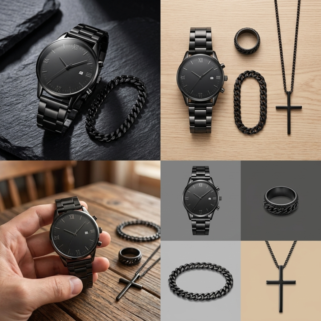 4 In 1 Men's Watch Set And Jewelry Set Black Men's Calendar Watch Rings Bracelet Necklace Black Cross Necklace Set Titanium Steel Cuban Not Easy to Fade Daily Wear Business Leisure Daily Wear