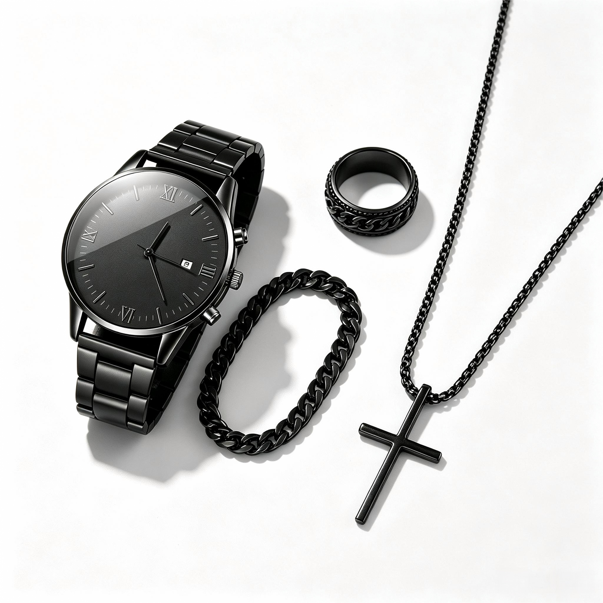 4 In 1 Men's Watch Set And Jewelry Set Black Men's Calendar Watch Rings Bracelet Necklace Black Cross Necklace Set Titanium Steel Cuban Not Easy to Fade Daily Wear Business Leisure Daily Wear