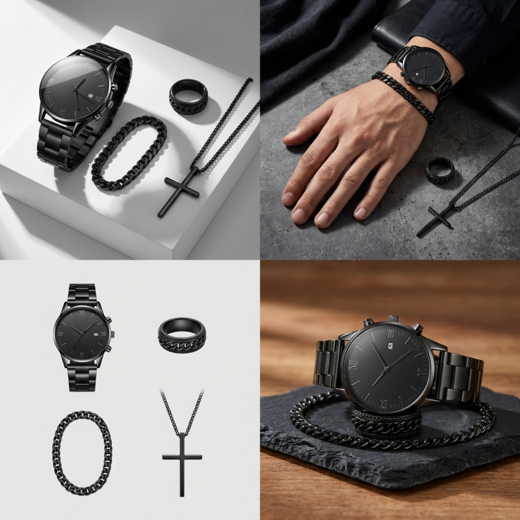 4 In 1 Men's Watch Set And Jewelry Set Black Men's Calendar Watch Rings Bracelet Necklace Black Cross Necklace Set Titanium Steel Cuban Not Easy to Fade Daily Wear Business Leisure Daily Wear