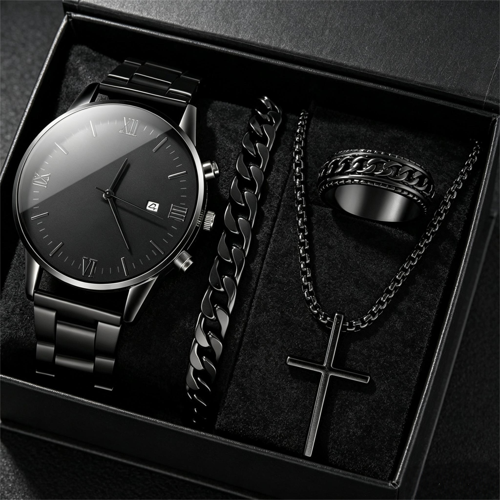 4 In 1 Men's Watch Set And Jewelry Set Black Men's Calendar Watch Rings Bracelet Necklace Black Cross Necklace Set Titanium Steel Cuban Not Easy to Fade Daily Wear Business Leisure Daily Wear