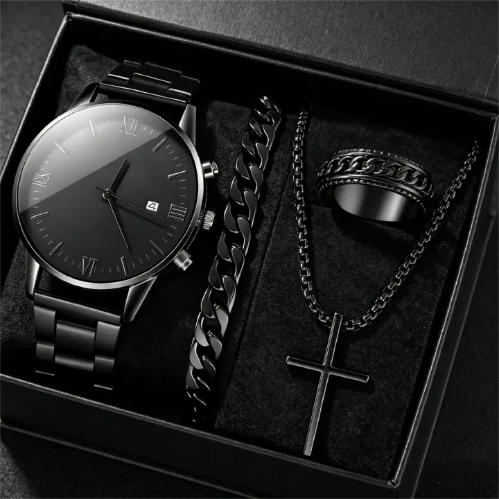 4 In 1 Men's Watch Set And Jewelry Set Black Men's Calendar Watch Rings Bracelet Necklace Black Cross Necklace Set Titanium Steel Cuban Not Easy to Fade Daily Wear Business Leisure Daily Wear