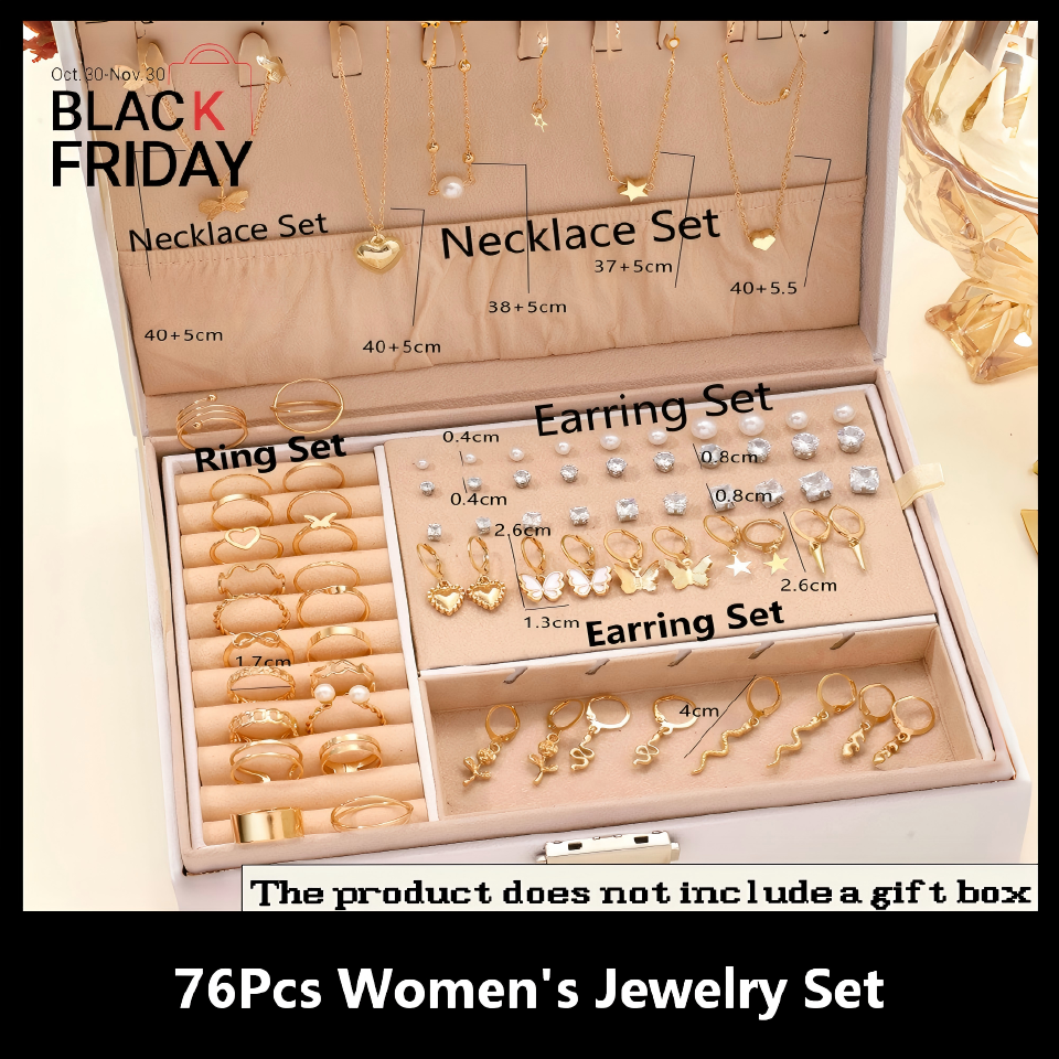 UPHUI 76PCS Luxury Jewelry Set Butterfly Necklace Set Butterfly Ring And Earring Set Diamond And Pearl Earnail Set Elegant Zircon Pendant Earring Ring Necklace Women's Daily Jewelry Gift For Friends