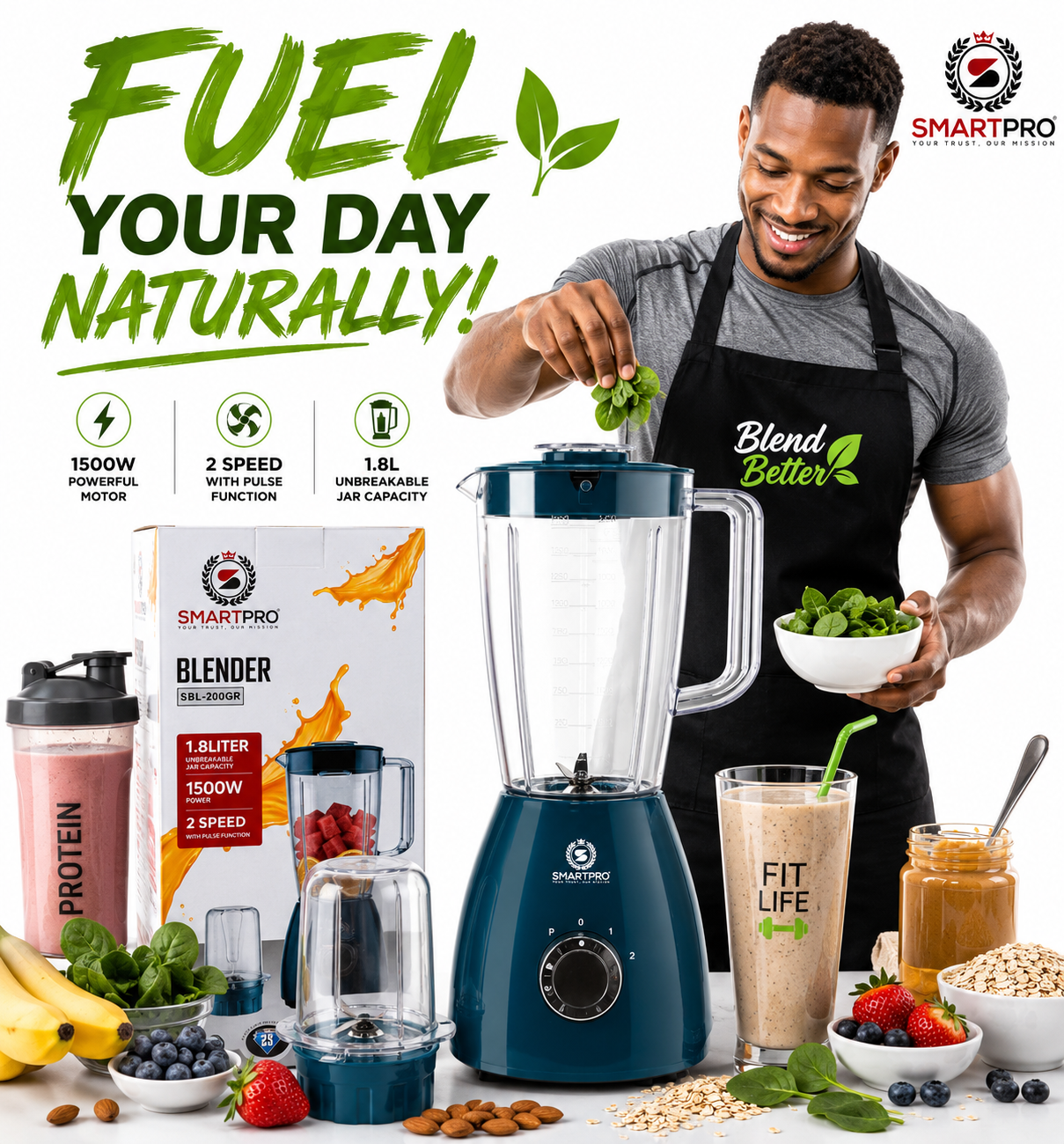 SmartPro 1.5L Electric Blender 1500W - 4 Speed Multi-Function Kitchen Blender & Grinder for Smoothies, Juice, Milkshakes, Fruits, Vegetables & Baby Food - Black