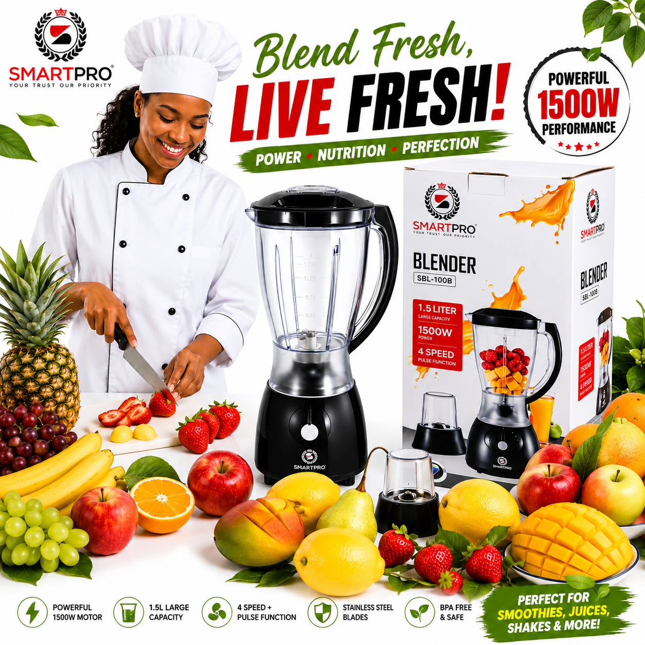 SmartPro 1.5L Electric Blender 1500W - 4 Speed Multi-Function Kitchen Blender & Grinder for Smoothies, Juice, Milkshakes, Fruits, Vegetables & Baby Food - Black