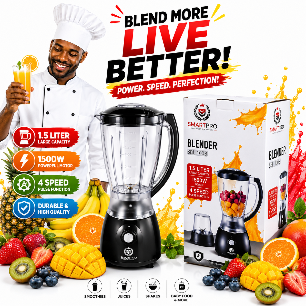 SmartPro 1.5L Electric Blender 1500W - 4 Speed Multi-Function Kitchen Blender & Grinder for Smoothies, Juice, Milkshakes, Fruits, Vegetables & Baby Food - Black