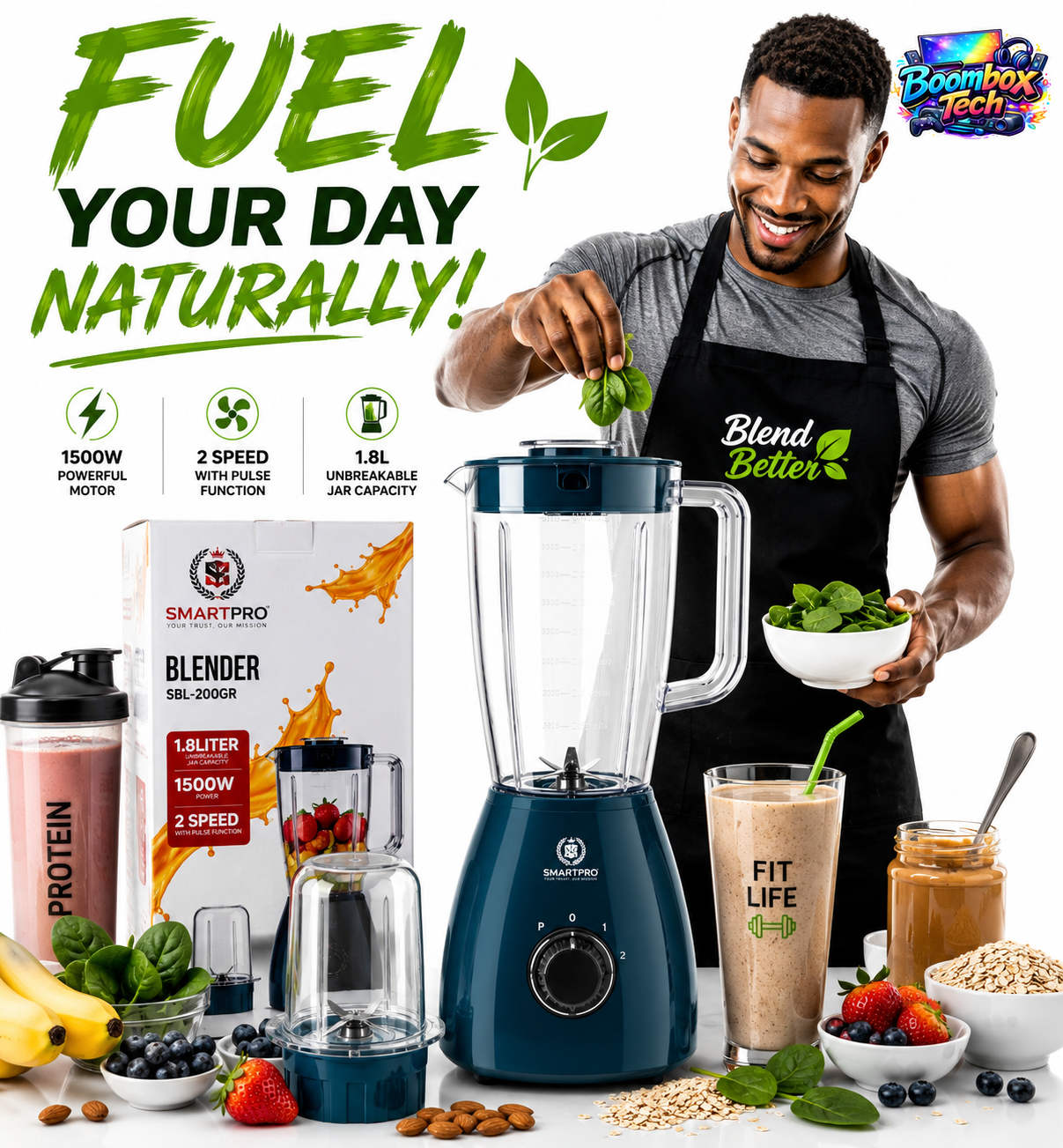 SmartPro 1.5L Electric Blender 1500W - 4 Speed Multi-Function Kitchen Blender & Grinder for Smoothies, Juice, Milkshakes, Fruits, Vegetables & Baby Food - Black