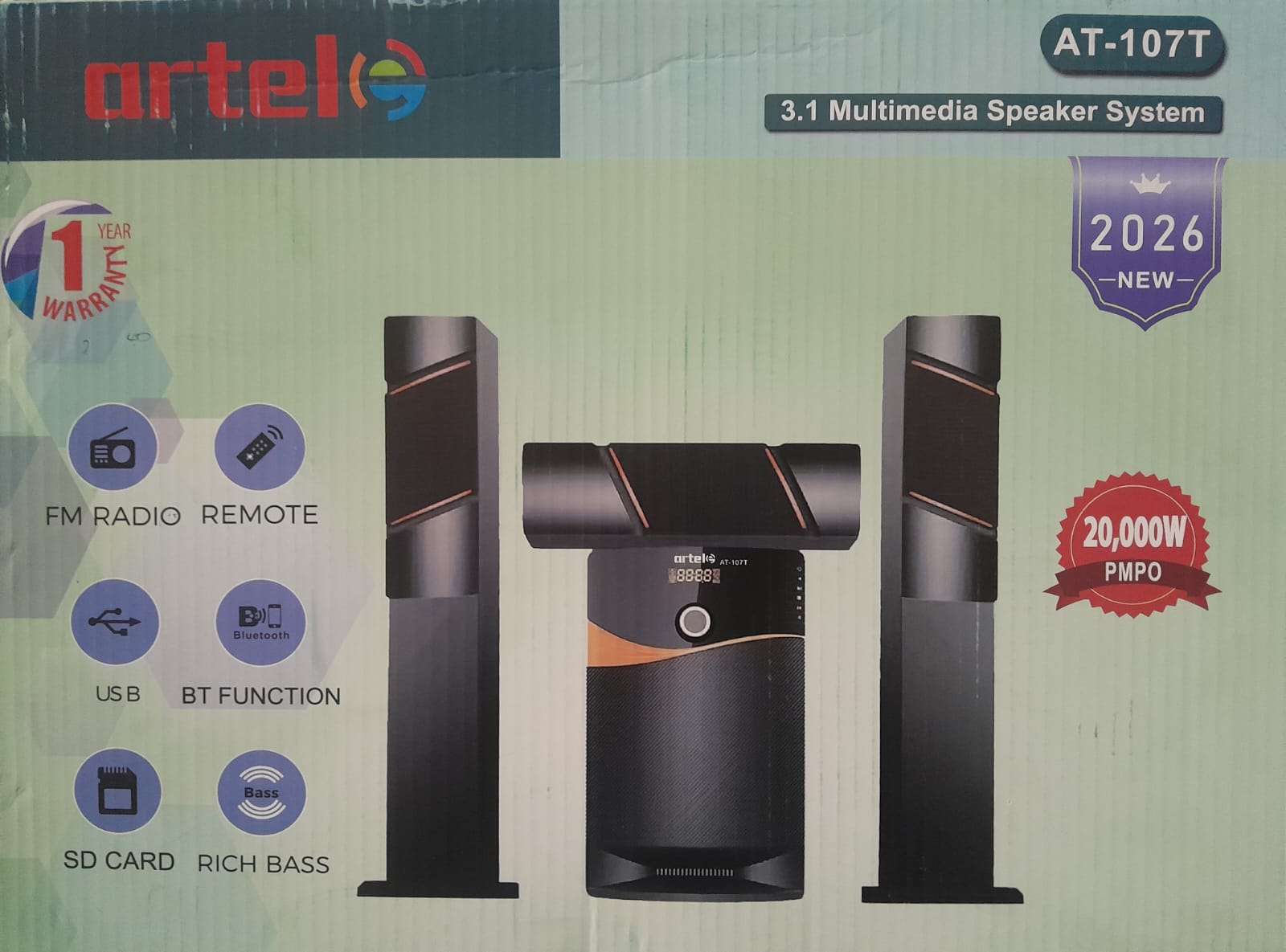 🎶 Artel AT-107T 3.1 Channel Multimedia Speaker System 🔊High-performance 3.1 channel home theater sound system engineered with powerful bass output, crystal clear acoustics, wireless Bluetooth connec