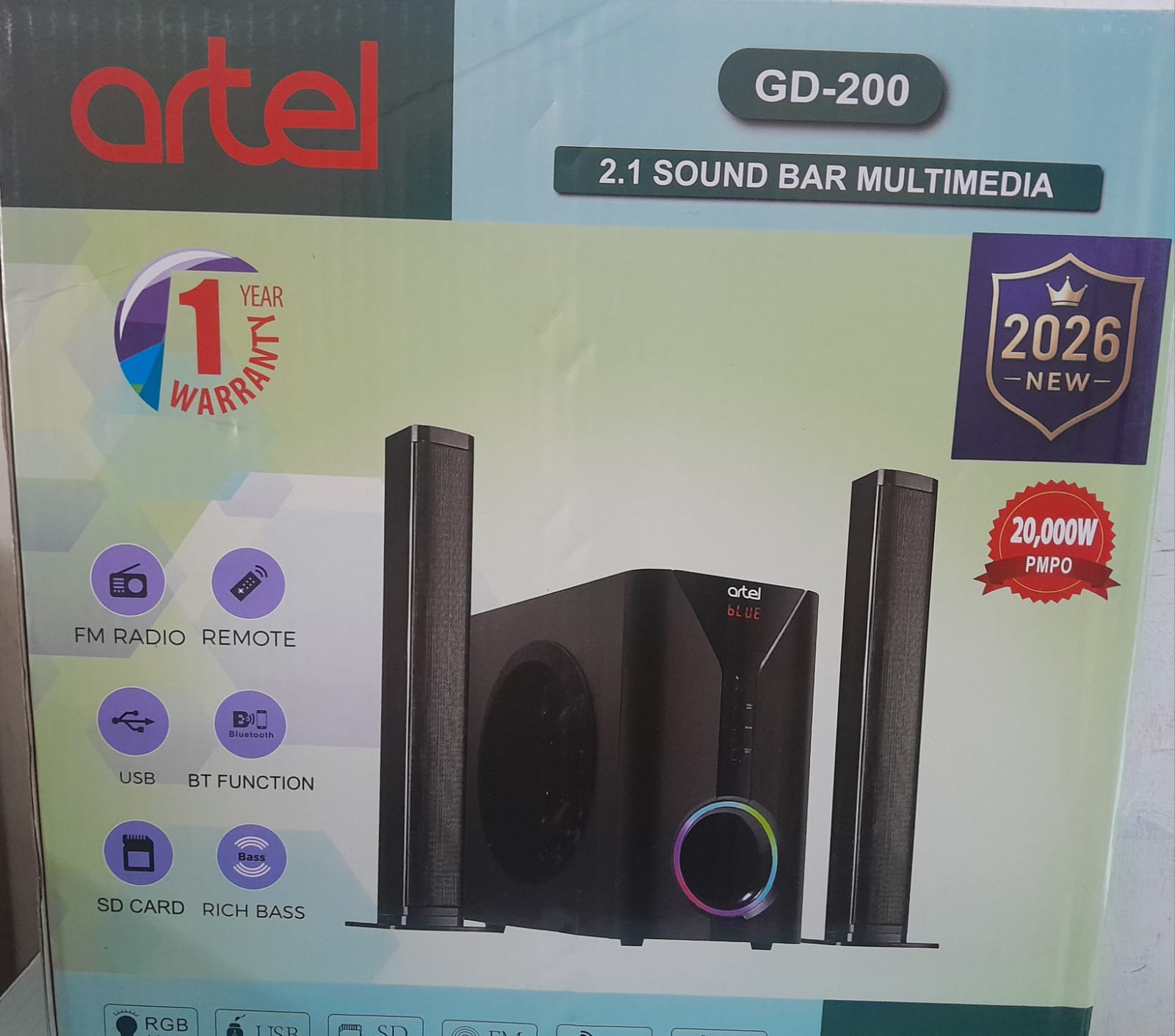 🎶 Artel GD-200 2.1 Channel Tall Boy Multimedia Sound Bar Speaker System 🔊High-performance 2.1 channel home theater sound system delivering 20000W PMPO of high-volume output, deep thumping bass, wire