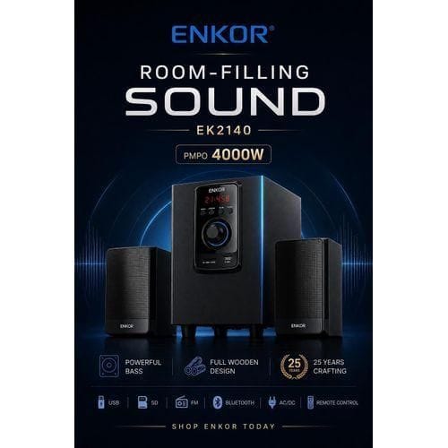🎶 Enkor EK-2140 2.1 Channel Multimedia Woofer Speaker System 🔊High-performance 2.1 channel home theater sound system engineered with powerful bass output, clear crystal acoustics, wireless Bluetooth