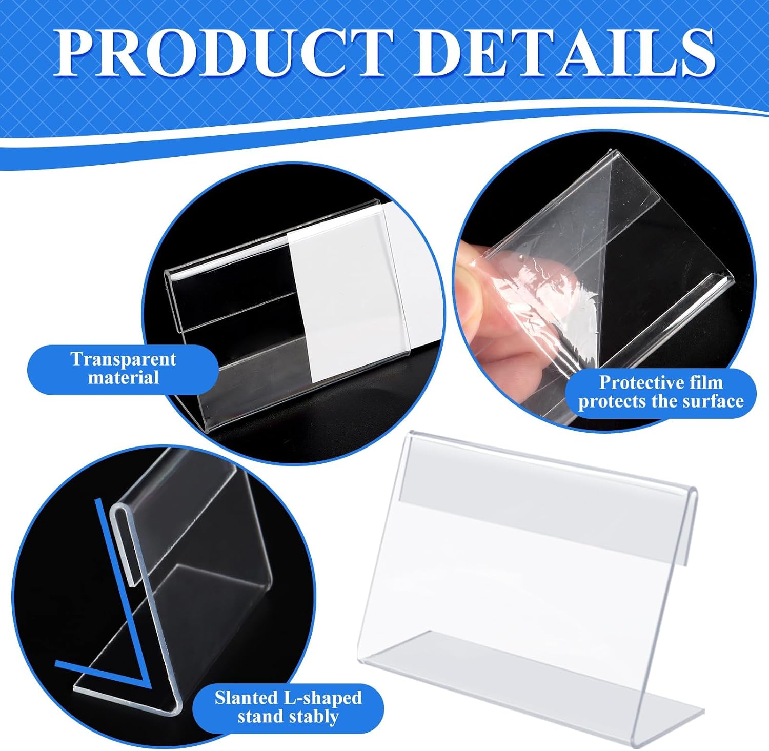 Mini Acrylic Sign Holder Name Card Price Tag Label Holder with 36 PCS Blank Labels Slanted L-Shape Plastic Name Card Price Card Tag Label Counter Top Stand