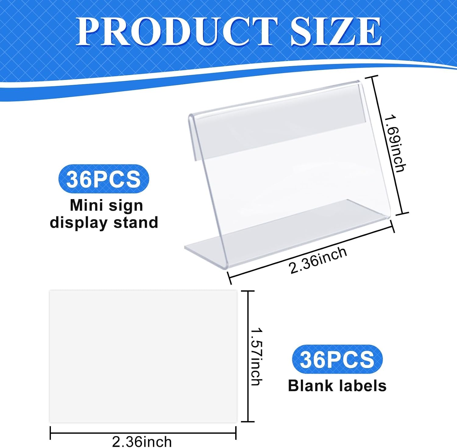 Mini Acrylic Sign Holder Name Card Price Tag Label Holder with 36 PCS Blank Labels Slanted L-Shape Plastic Name Card Price Card Tag Label Counter Top Stand