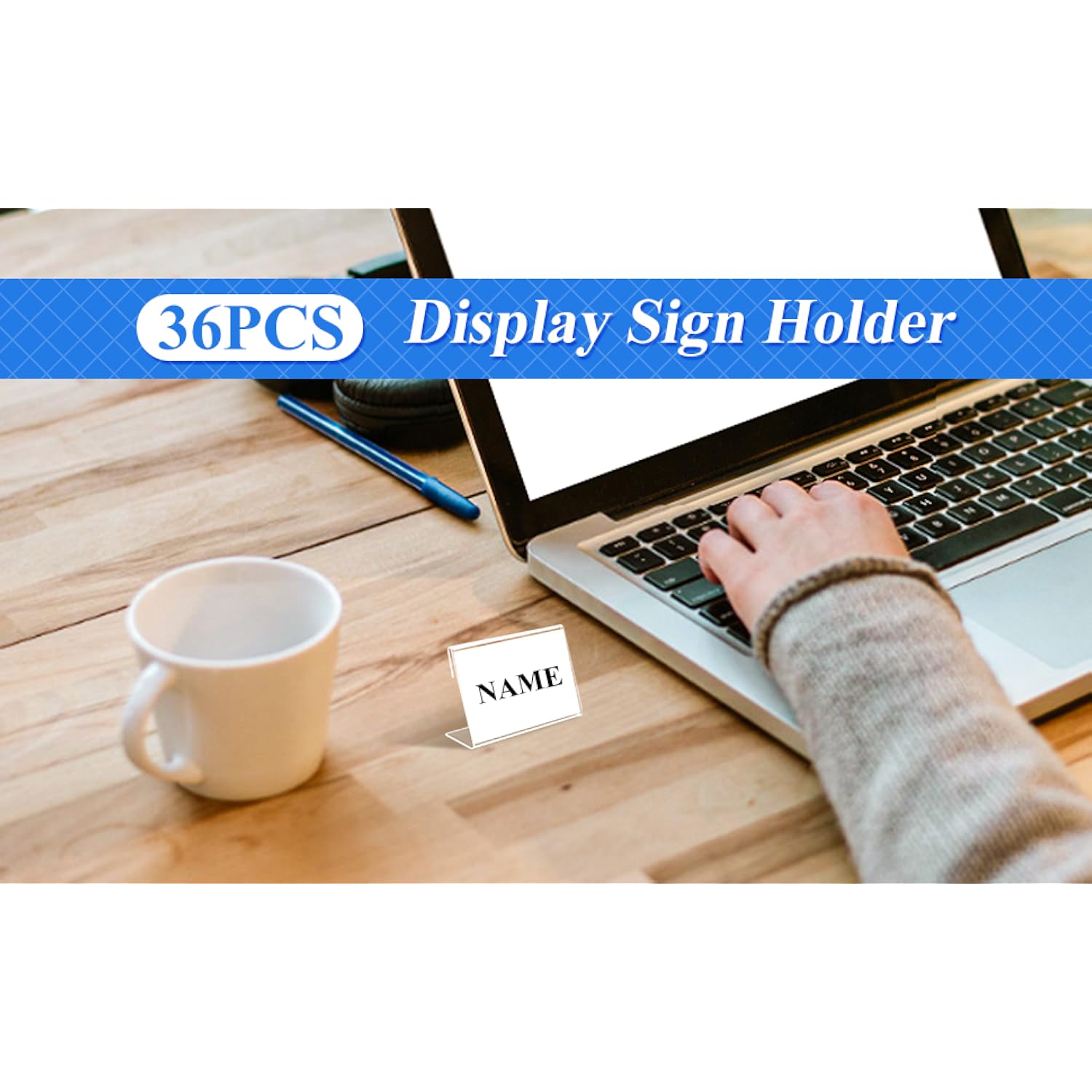 Mini Acrylic Sign Holder Name Card Price Tag Label Holder with 36 PCS Blank Labels Slanted L-Shape Plastic Name Card Price Card Tag Label Counter Top Stand