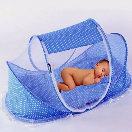 Portable Baby Bed with Cushioned Mattress & Blue Mosquito Net