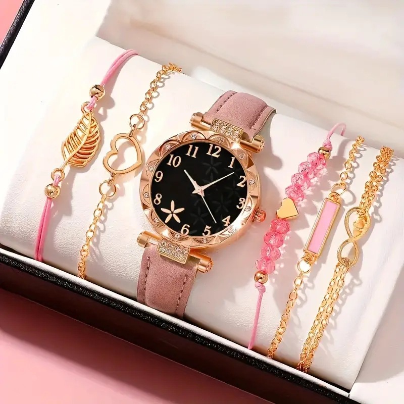 5Pcs Women Watch Bracelet Set, Rose Gold Rhinestone Bezel Floral Dial Analog Quartz Wrist Watch with Black PU Leather Strap,  Ladies Girls Daily Party Birthday Gift