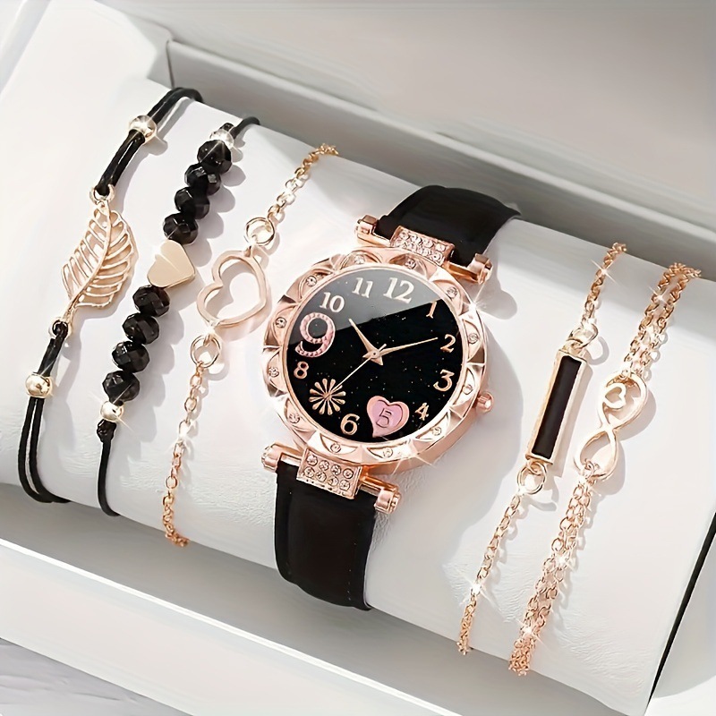 5Pcs Women Watch Bracelet Set, Rose Gold Rhinestone Bezel Floral Dial Analog Quartz Wrist Watch with Black PU Leather Strap,  Ladies Girls Daily Party Birthday Gift