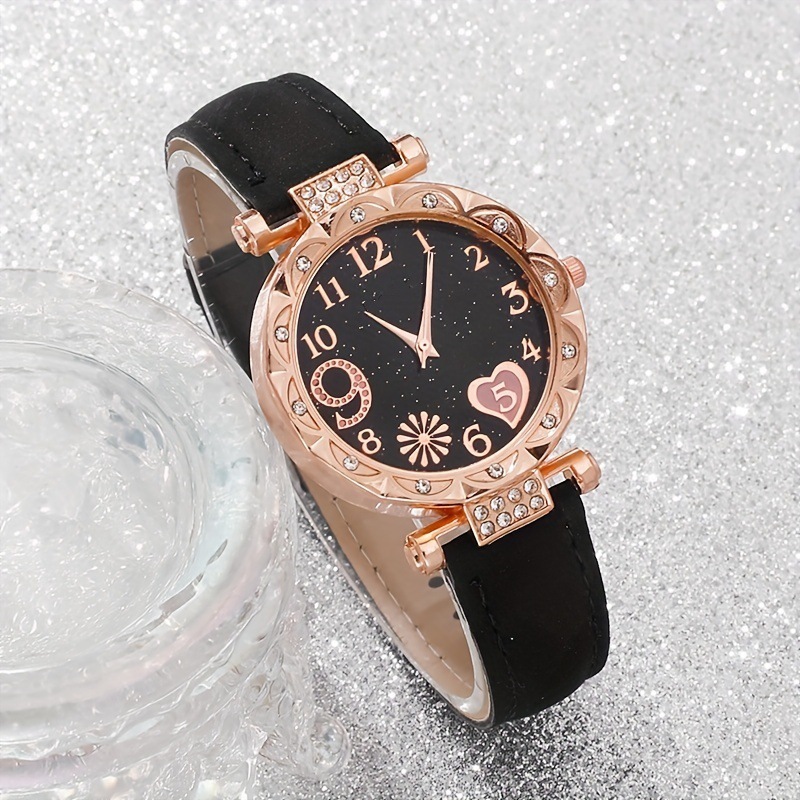 5Pcs Women Watch Bracelet Set, Rose Gold Rhinestone Bezel Floral Dial Analog Quartz Wrist Watch with Black PU Leather Strap,  Ladies Girls Daily Party Birthday Gift