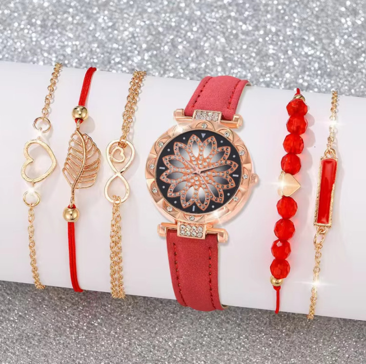 5Pcs Women Watch Bracelet Set, Rose Gold Rhinestone Bezel Floral Dial Analog Quartz Wrist Watch with Black PU Leather Strap,  Ladies Girls Daily Party Birthday Gift