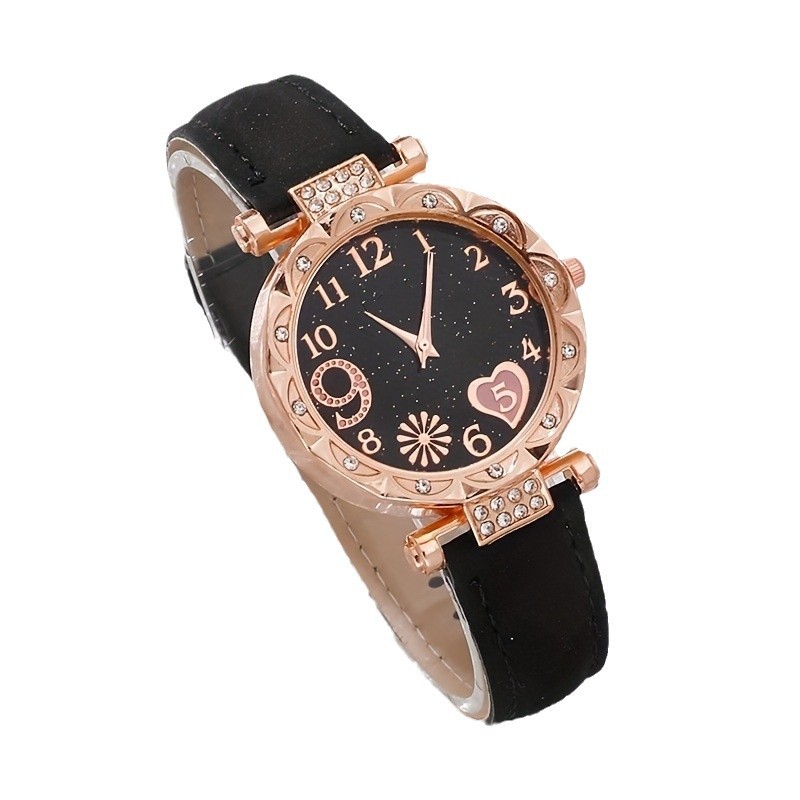 5Pcs Women Watch Bracelet Set, Rose Gold Rhinestone Bezel Floral Dial Analog Quartz Wrist Watch with Black PU Leather Strap,  Ladies Girls Daily Party Birthday Gift