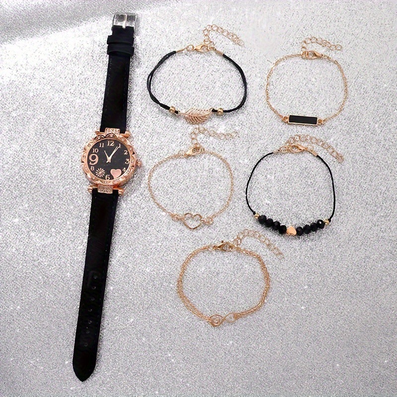 5Pcs Women Watch Bracelet Set, Rose Gold Rhinestone Bezel Floral Dial Analog Quartz Wrist Watch with Black PU Leather Strap,  Ladies Girls Daily Party Birthday Gift