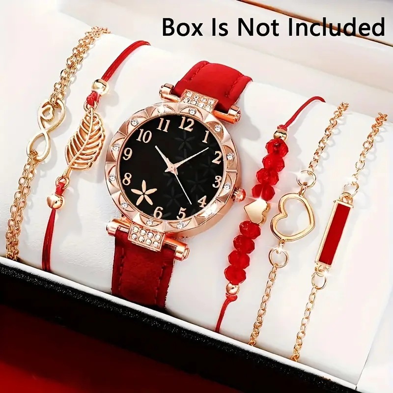 5Pcs Women Watch Bracelet Set, Rose Gold Rhinestone Bezel Floral Dial Analog Quartz Wrist Watch with Black PU Leather Strap,  Ladies Girls Daily Party Birthday Gift