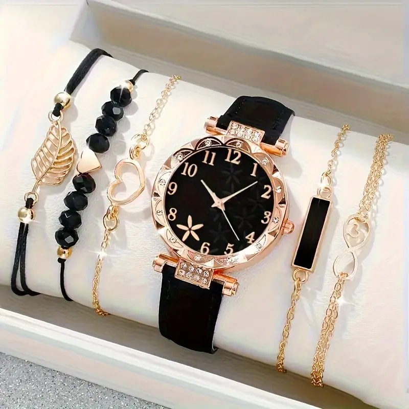 5Pcs Women Watch Bracelet Set, Rose Gold Rhinestone Bezel Floral Dial Analog Quartz Wrist Watch with Black PU Leather Strap,  Ladies Girls Daily Party Birthday Gift