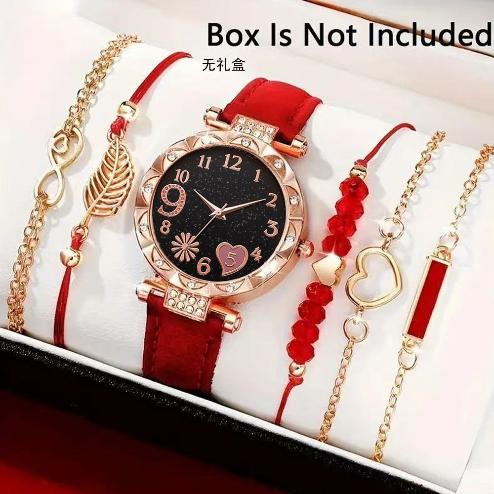 5Pcs Women Watch Bracelet Set, Rose Gold Rhinestone Bezel Floral Dial Analog Quartz Wrist Watch with Black PU Leather Strap,  Ladies Girls Daily Party Birthday Gift