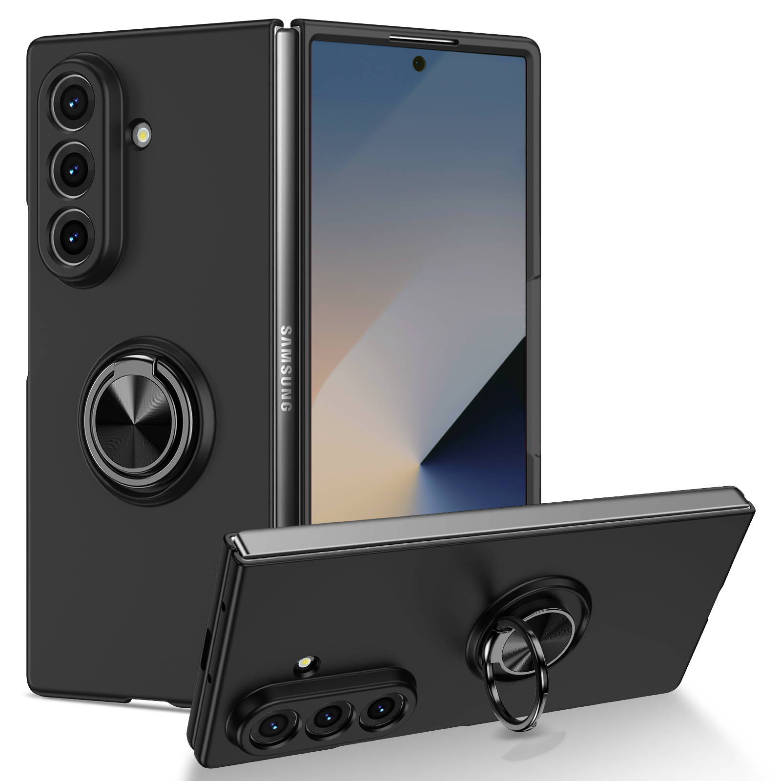 Phone Case for Samsung Galaxy Z Fold 7/6/5/4/3 360° Rotatable Metal Ring Holder Kickstand, Magnetic Car Mount Supported, Shock‑Absorbent Slim Foldable Phone Case