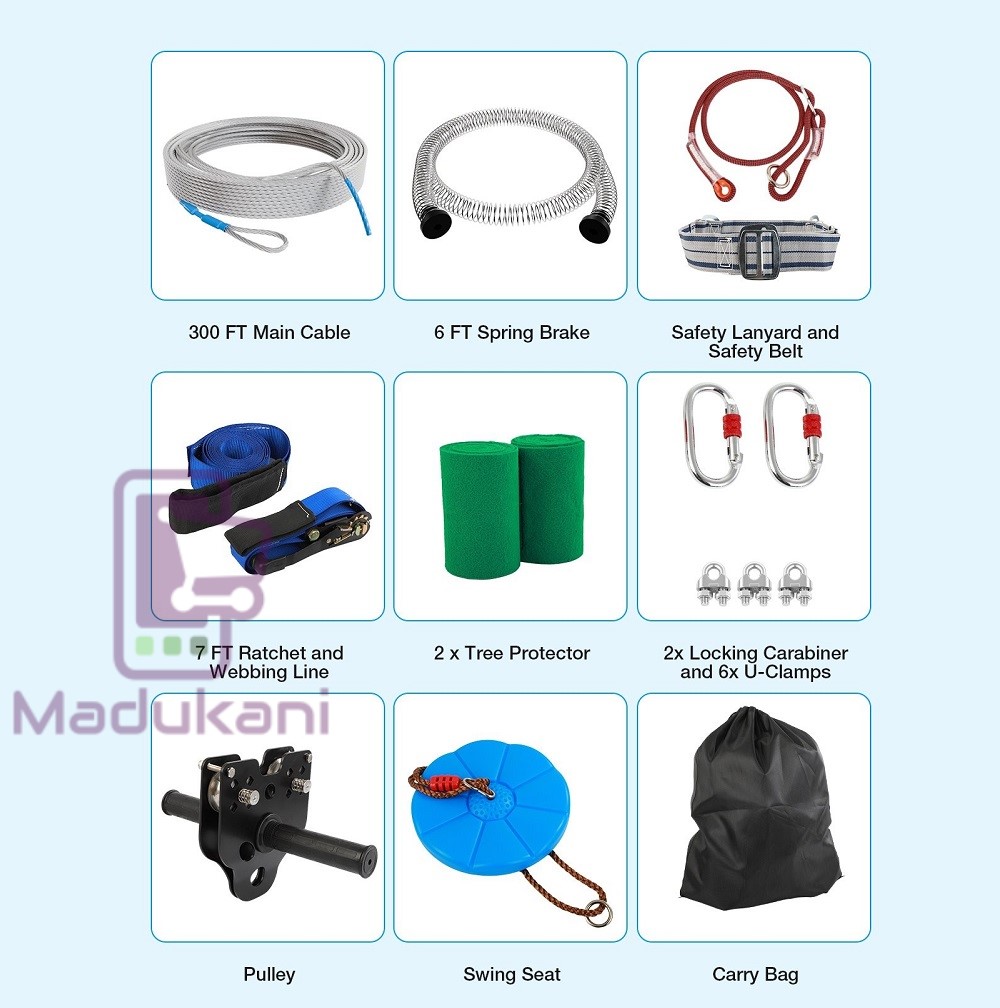 30m 100FT Zip Line for Adults and Kids with Spring Brake and Harness