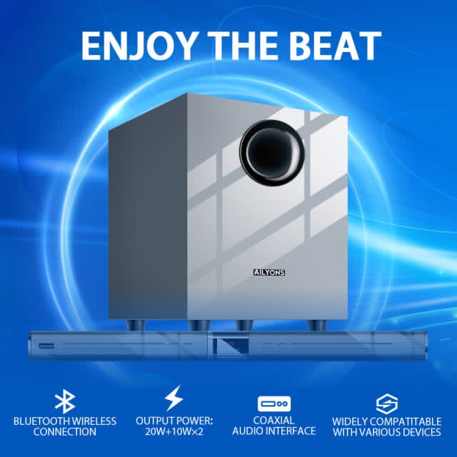 ✨1pc Ailyons SB 401K 2.1 CH Bluetooth Soundbar System (Subwoofer Height: 32cm / Soundbar Length: 80cm / 40W RMS) with Coaxial Audio Input, Front Bass Reflex Port, Slim TV Mount Design & Remote