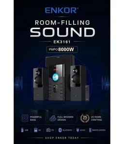 ✨1pc Enkor EK3161 2.1 Channel Bluetooth Multimedia System & Subwoofer Woofer Unit (Height: 38cm / 8,000W PMPO) with Full Wooden Cabinet, Red LED Display, Illuminated Volume Dial, FM Radio, USB/SD