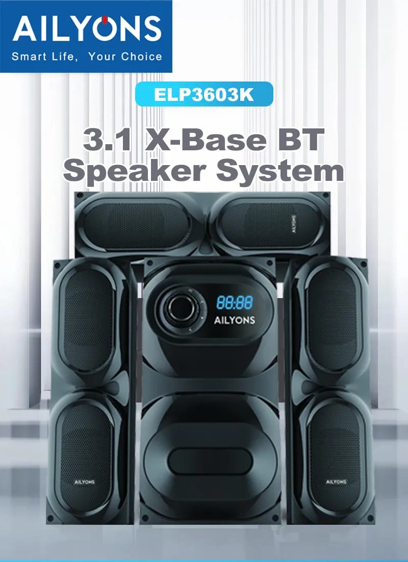 ✨1pc Ailyons ELP3603K 3.1 CH Bluetooth Multimedia Speaker System (Subwoofer Height: 38cm / 18,000W PMPO / 105W RMS) with Dual Front Bass Ports, Blue LED Display, AC/DC 12V, USB/SD & Remote Control