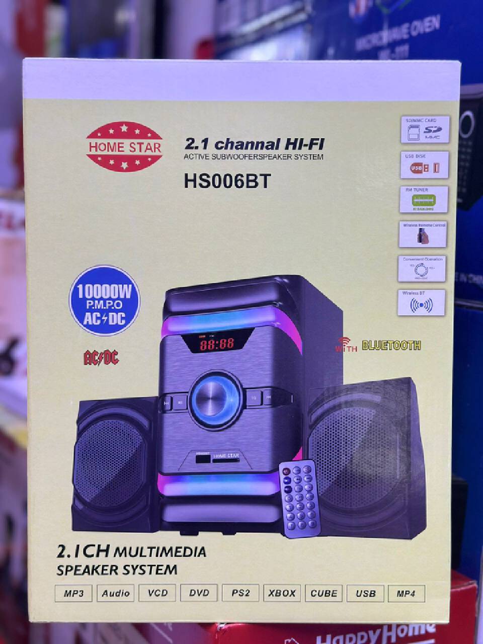 Homestar HS-006 2.1 Channel Hi-Fi Active Subwoofer Speaker System 10000w PMPO, 30W Output, AC/DC Dual Power, Bluetooth USB SD MMC, FM Radio, LED Display, X-Bass, Remote Control, AUX Compatibility,