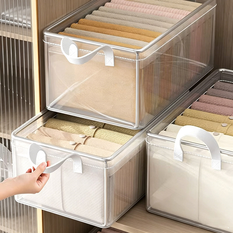 Set of  2PCS Transparent Pvc Storage Basket, Foldable Handle, Organizer Box, Suitable For Home Use, Bedroom, Wardrobe, And Underwear Storage.