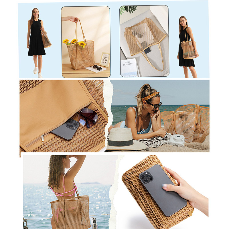Foldable beach bag, mesh tote bag, women's shoulder bag, summer outdoor travel bag
