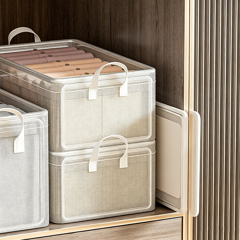 Set of  2PCS Transparent Pvc Storage Basket, Foldable Handle, Organizer Box, Suitable For Home Use, Bedroom, Wardrobe, And Underwear Storage.