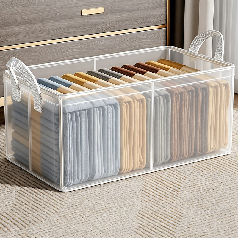 Set of  2PCS Transparent Pvc Storage Basket, Foldable Handle, Organizer Box, Suitable For Home Use, Bedroom, Wardrobe, And Underwear Storage.