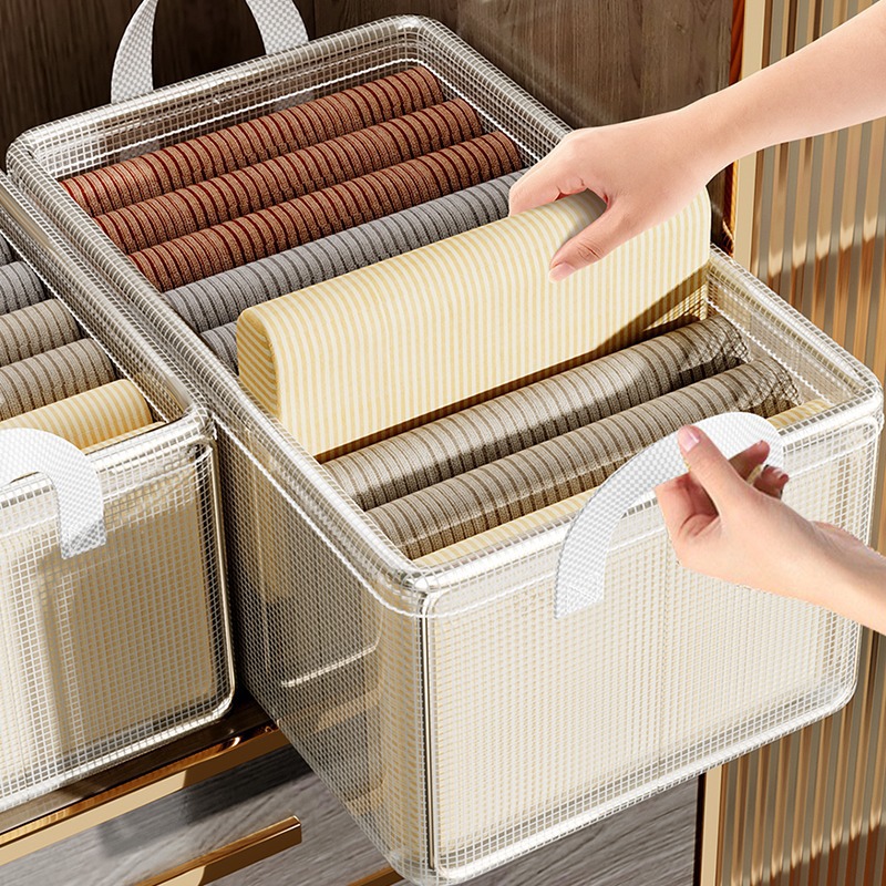 Set of  2PCS Transparent Pvc Storage Basket, Foldable Handle, Organizer Box, Suitable For Home Use, Bedroom, Wardrobe, And Underwear Storage.