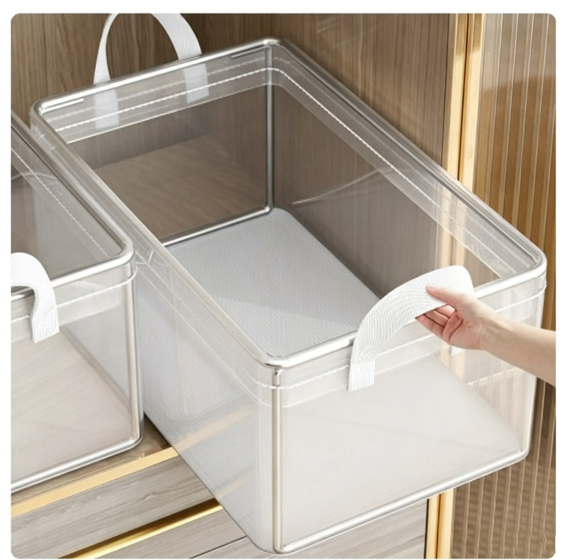 Set of  2PCS Transparent Pvc Storage Basket, Foldable Handle, Organizer Box, Suitable For Home Use, Bedroom, Wardrobe, And Underwear Storage.