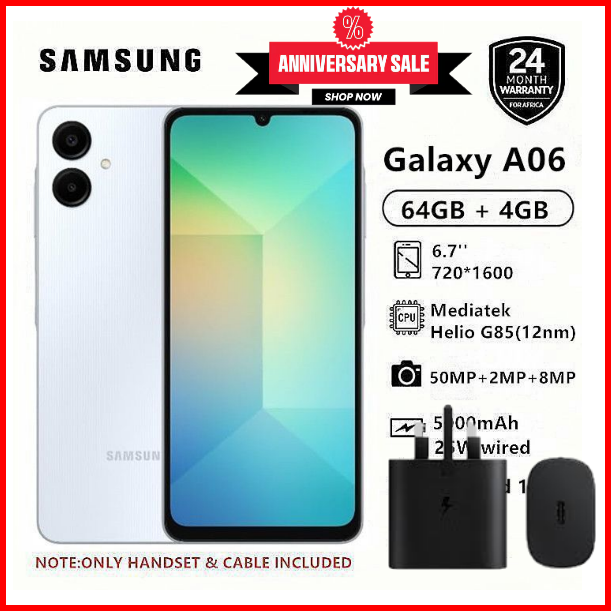 KILIMALL ANNIVERSARY DEALS!!Samsung Galaxy A06 64GB/128GB+4GB MTK Helio G85 (12nm) 50MP Dual Camera 6.7" Display 5000mAh 25W Type-C Charge Android 14 Smart Phones Samsung a06, ao6 samsung a06 galaxy